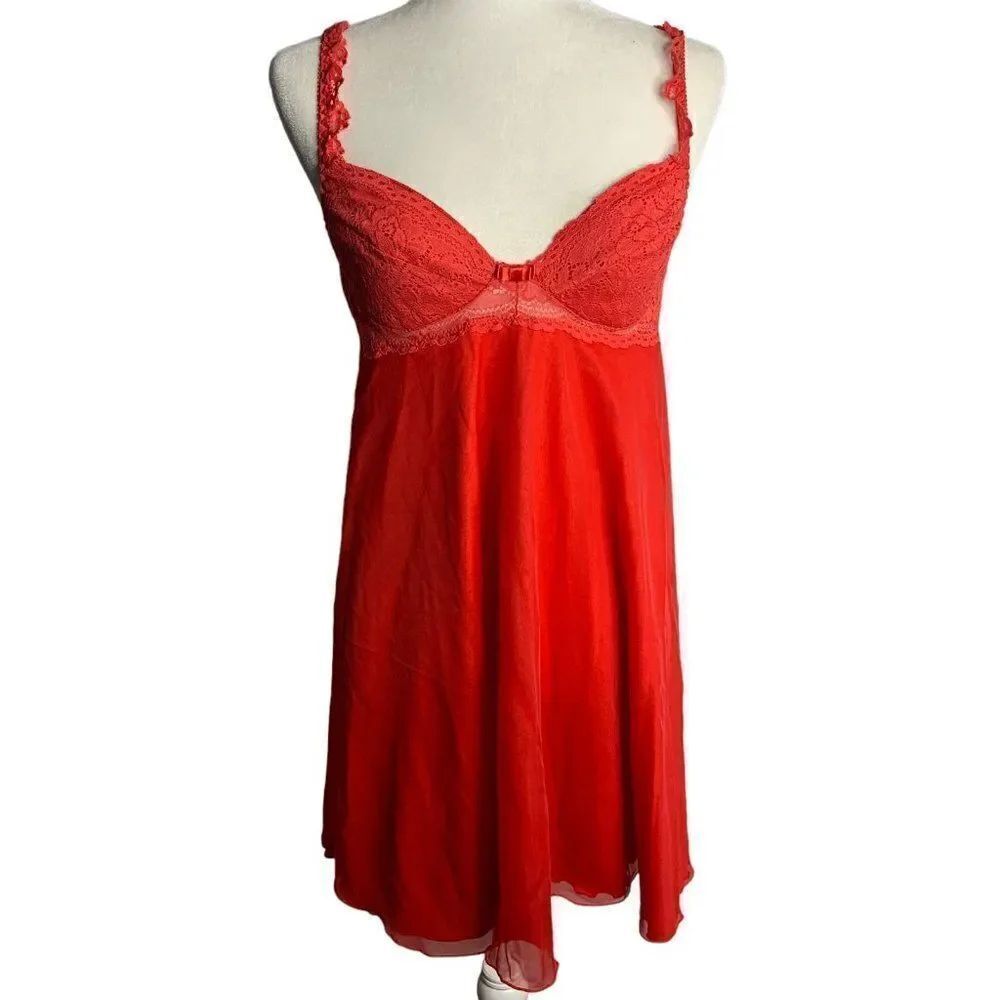 Vintage 80s Lace Chiffon Nightgown Lingerie 36 Red Adjustable Straps